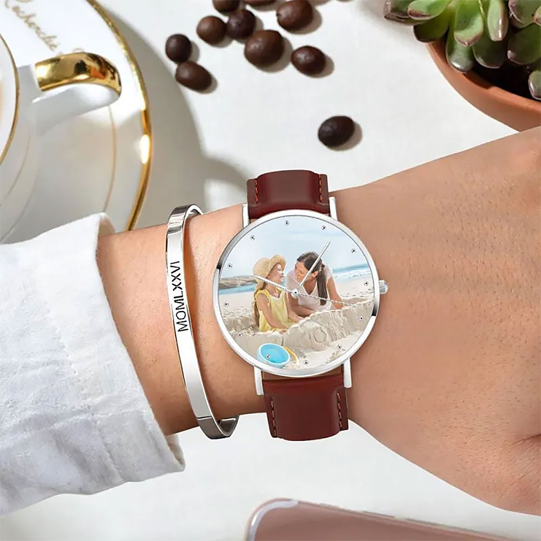 Unisex Engraved Photo Watch Brown Leather Strap 40mm-ancustom