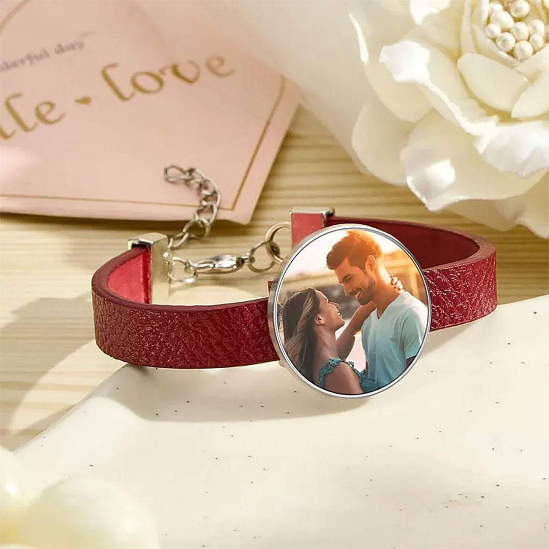 Retro Photo Leather Wristband With Text Men's Wristband -ancustom