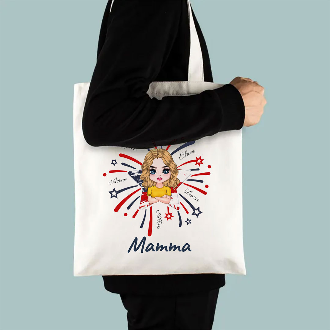Star Fireworks American Flag Personalized Tote Bag for Grandma and Grandkids-ancustom