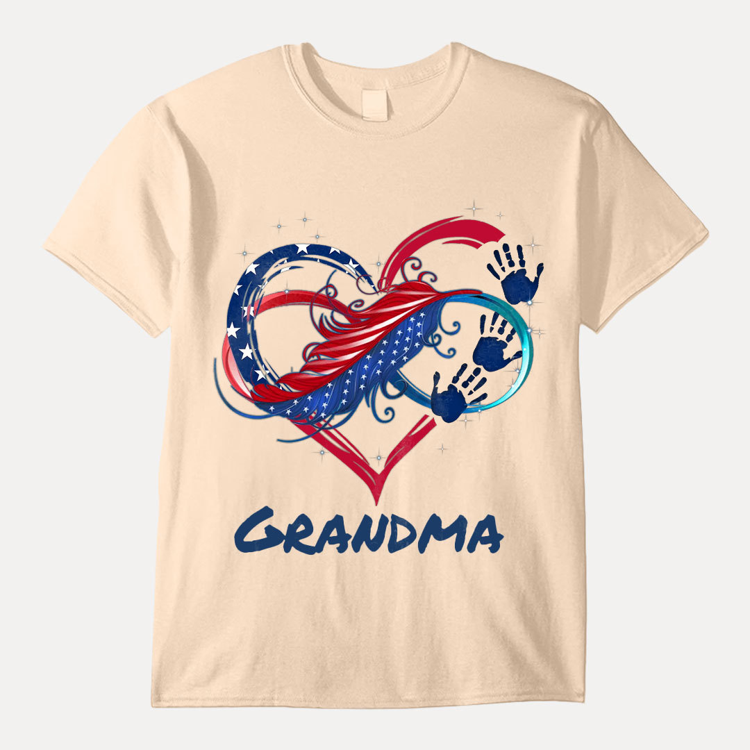 July 4th Grandma Mom Heart Hand Print US Independence Day Gift Personalized T-shirt -ancustom