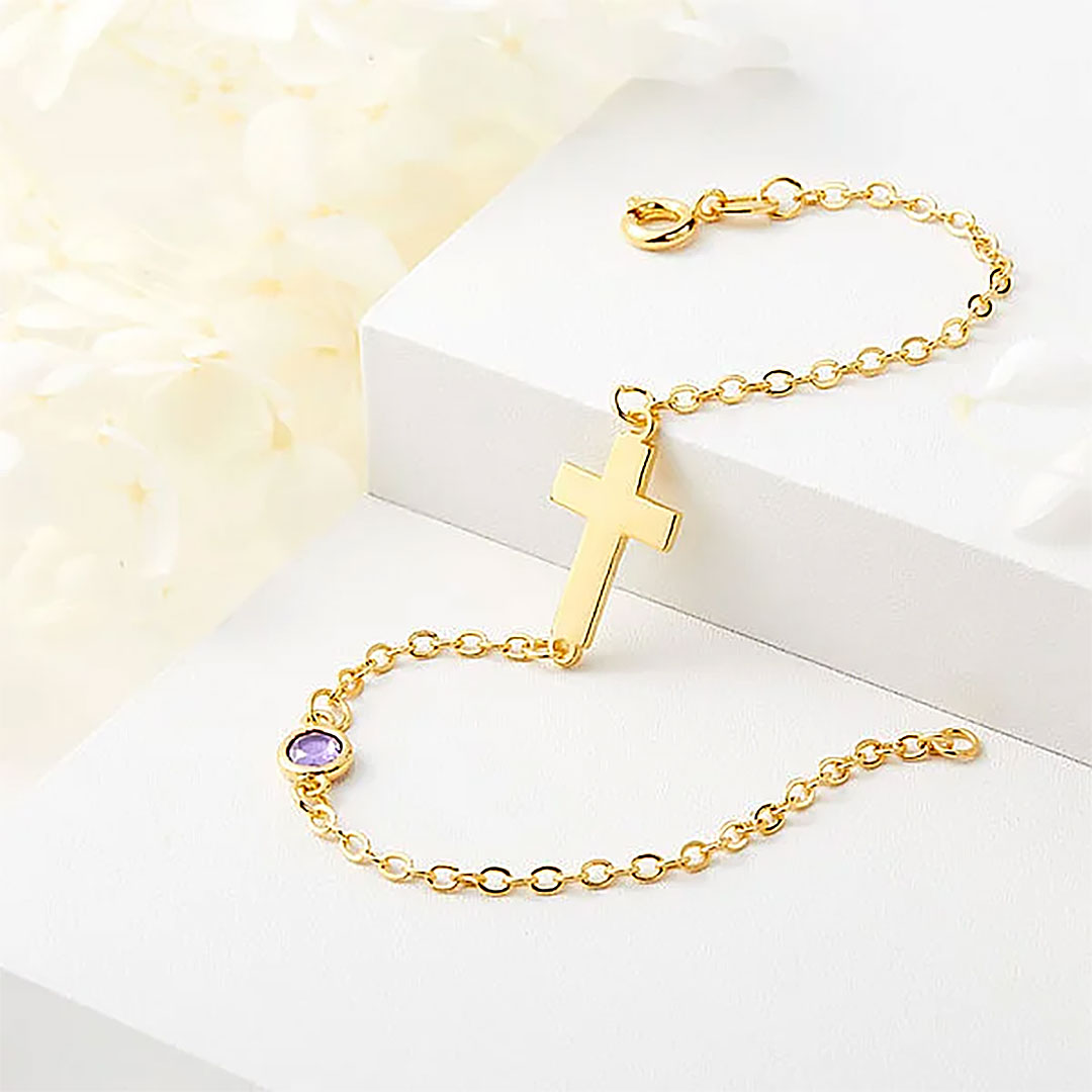 Personalized Dainty Cross Bracelet with Birthstone Birthday Anniversary Gift for Christian Women-ancustom