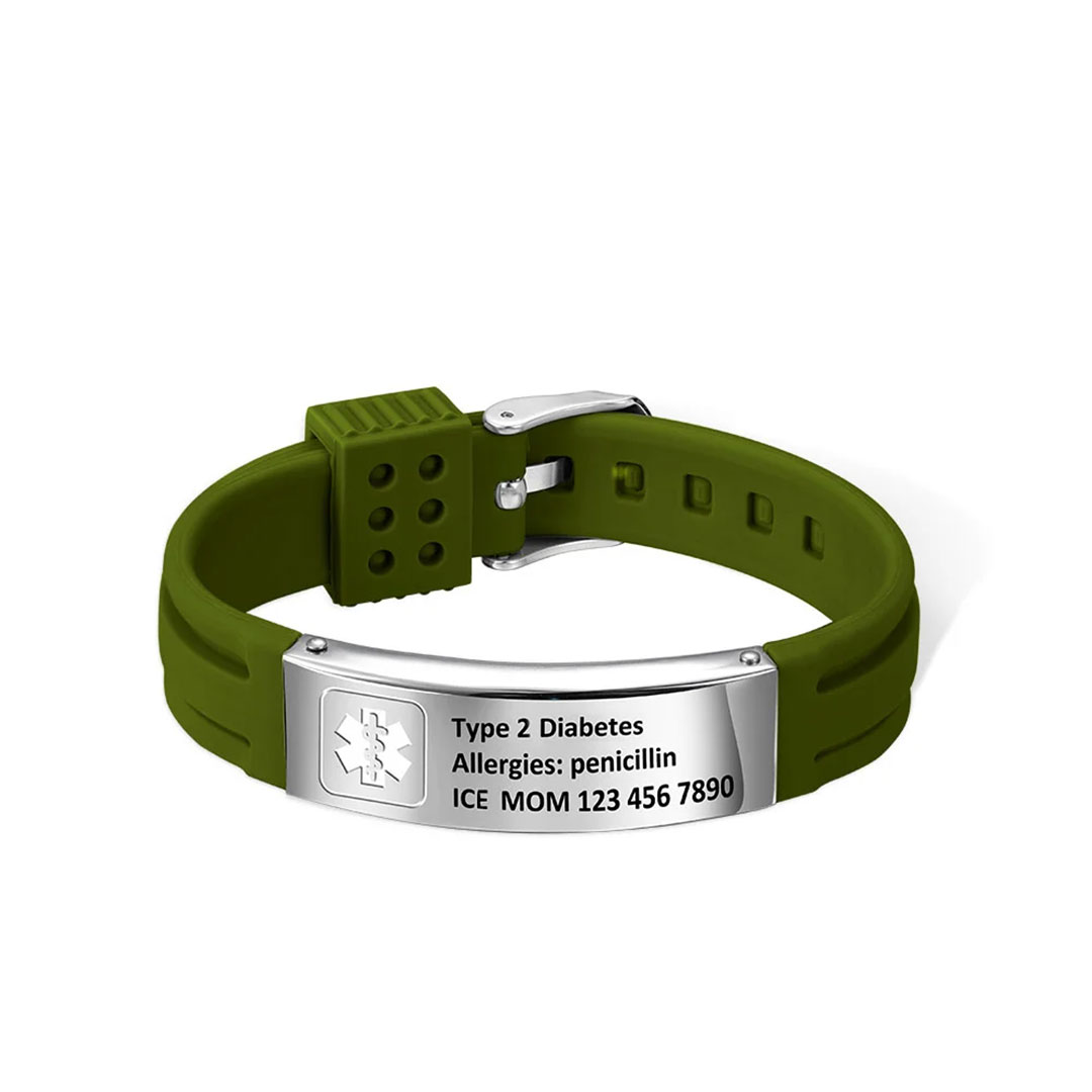 Personalized Emergency Medical Alert Adjustable Silicone Waterproof Wristband with Stainless Steel ID Name Tag for Men Women First Aid Gift-ancustom