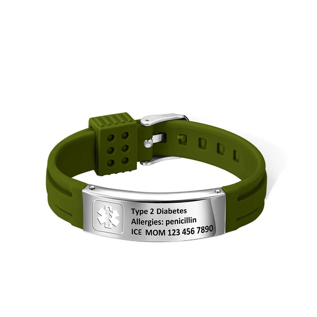 Personalized Emergency Medical Alert Adjustable Silicone Waterproof Wristband with Stainless Steel ID Name Tag for Men Women First Aid Gift-ancustom