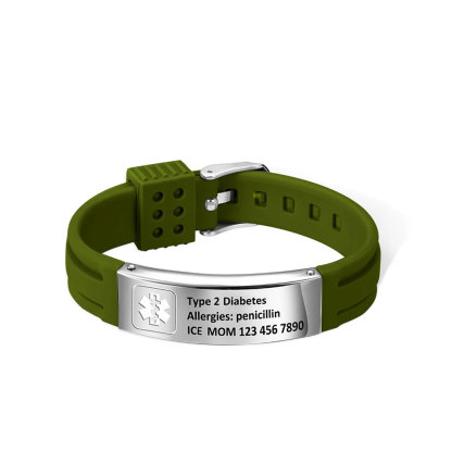 Personalized Emergency Medical Alert Adjustable Silicone Waterproof Wristband with Stainless Steel ID Name Tag for Men Women First Aid Gift-ancustom