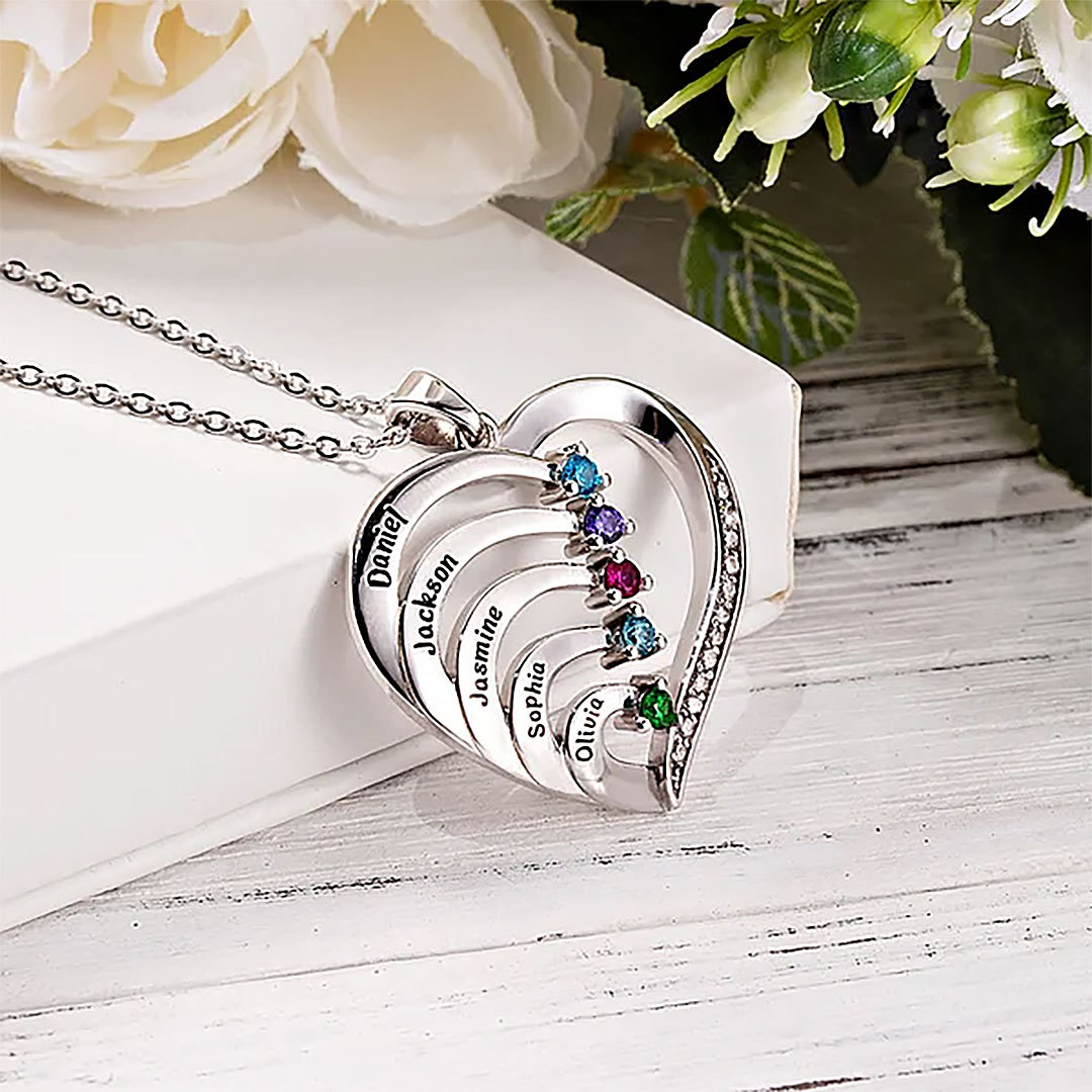 Personalized heart shaped family necklace with 1-6 names and birthstones, gift for mother, grandma-ancustom