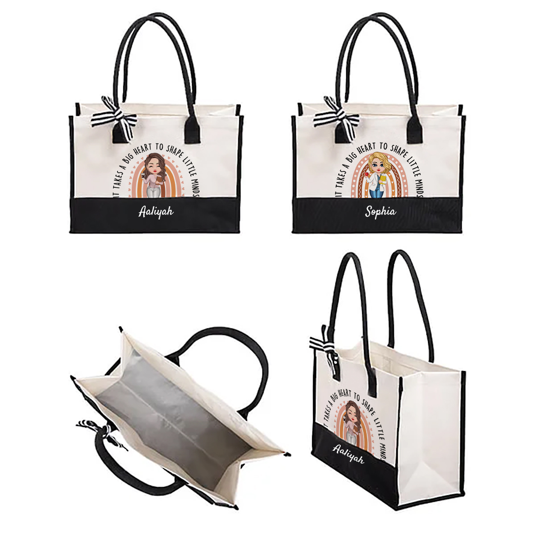 Personalized It Takes A Big Heart To Shape Little Minds Rainbow Large Tote Bag with Name Back to School Birthday Gift for Teacher-ancustom