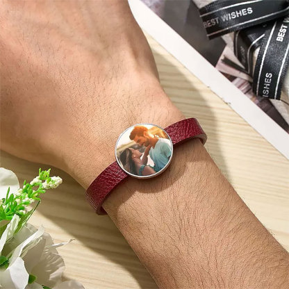 Retro Photo Leather Wristband With Text Men's Wristband -ancustom