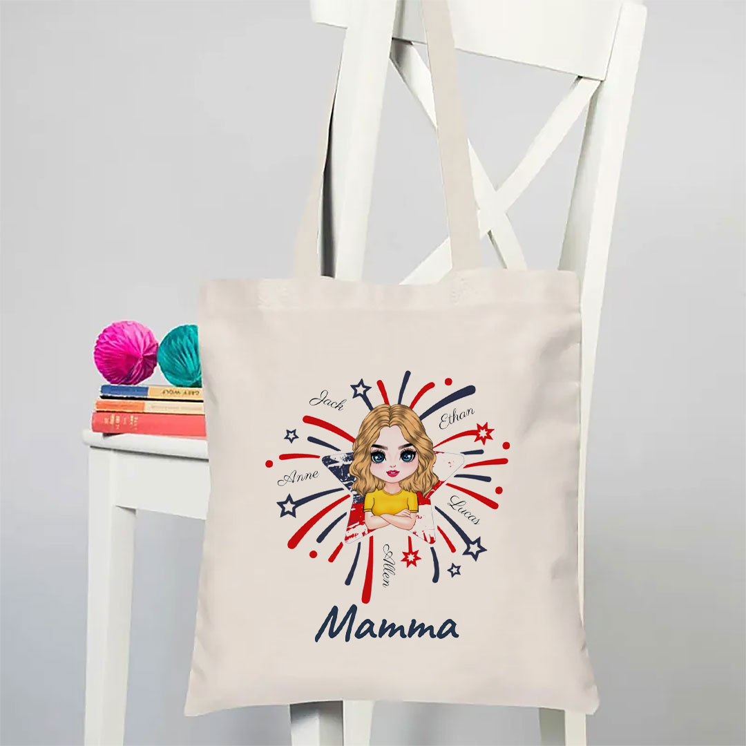 Star Fireworks American Flag Personalized Tote Bag for Grandma and Grandkids-ancustom