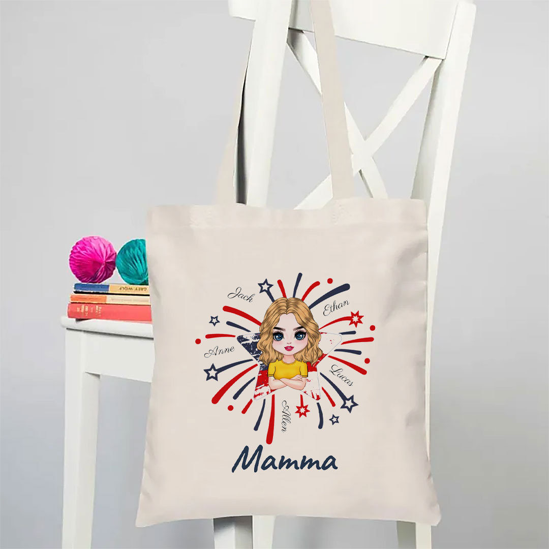 Star Fireworks American Flag Personalized Tote Bag for Grandma and Grandkids-ancustom