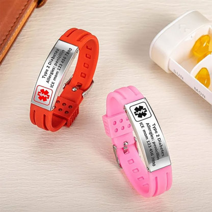 Personalized Emergency Medical Alert Adjustable Silicone Waterproof Wristband with Stainless Steel ID Name Tag for Men Women First Aid Gift-ancustom