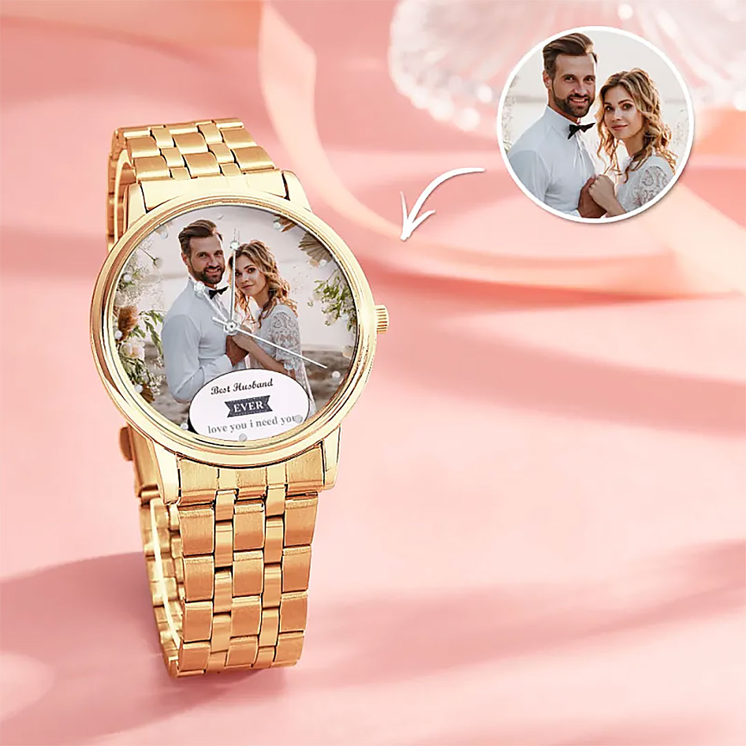 Personalized Engraved Photo Watch Black Alloy Bracelet Photo Watch Gift for Wife、Husband-ancustom