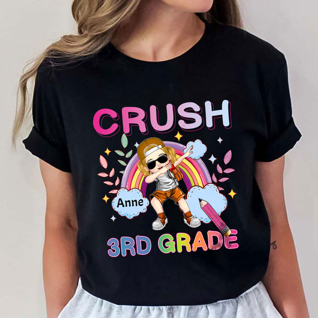 Kid Dabbing's Ready To Crush With Rainbow, 1st Grade 2nd Grade Kindergarten Preschool Personalized Youth T-Shirt-ancustom