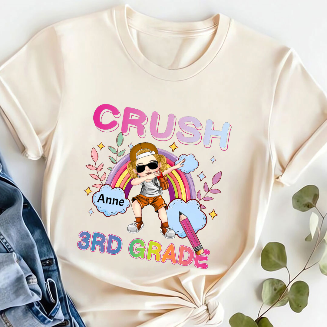 Kid Dabbing's Ready To Crush With Rainbow, 1st Grade 2nd Grade Kindergarten Preschool Personalized Youth T-Shirt-ancustom