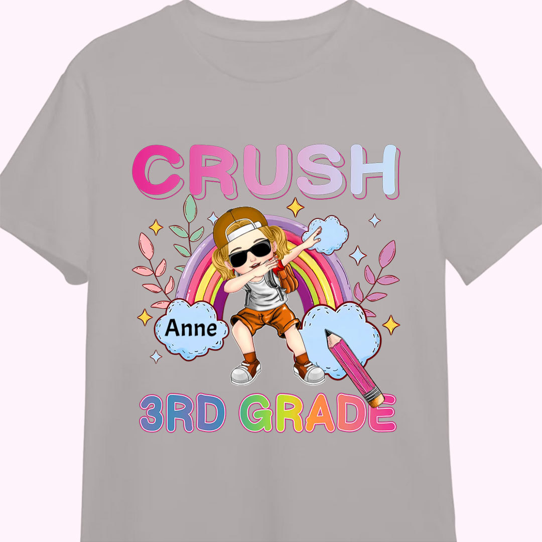 Kid Dabbing's Ready To Crush With Rainbow, 1st Grade 2nd Grade Kindergarten Preschool Personalized Youth T-Shirt-ancustom