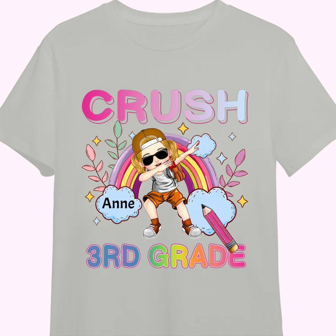 Kid Dabbing's Ready To Crush With Rainbow, 1st Grade 2nd Grade Kindergarten Preschool Personalized Youth T-Shirt-ancustom