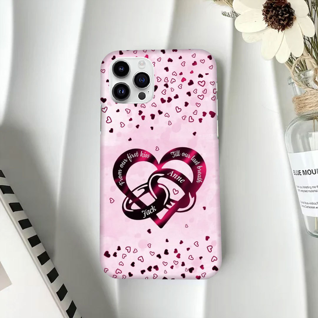 From our first kiss to our last breath custom personalized couple rings heart shaped phone case-ancustom