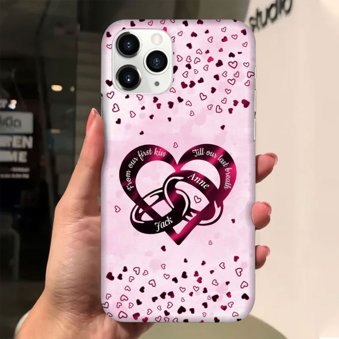 From our first kiss to our last breath custom personalized couple rings heart shaped phone case-ancustom