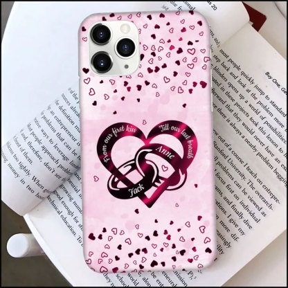 From our first kiss to our last breath custom personalized couple rings heart shaped phone case-ancustom