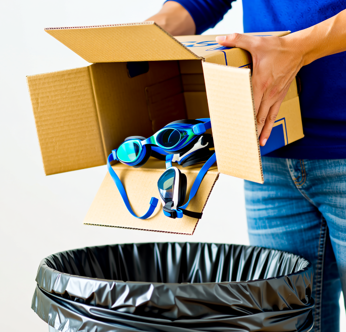 Old swim goggles being discarded due to fogging and short product lifespan