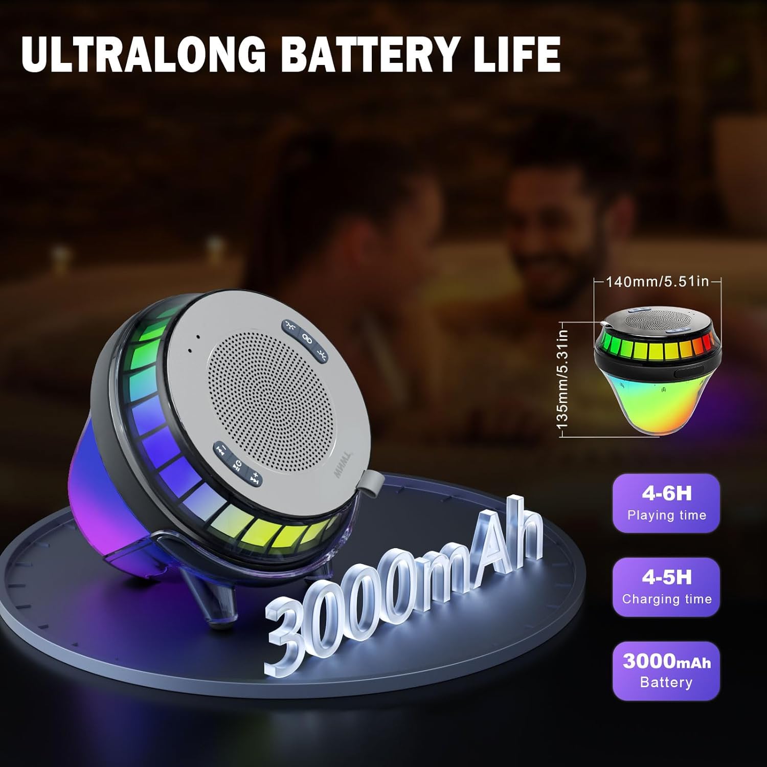 Portable waterproof Bluetooth speaker with 3000mAh battery and long playing time display