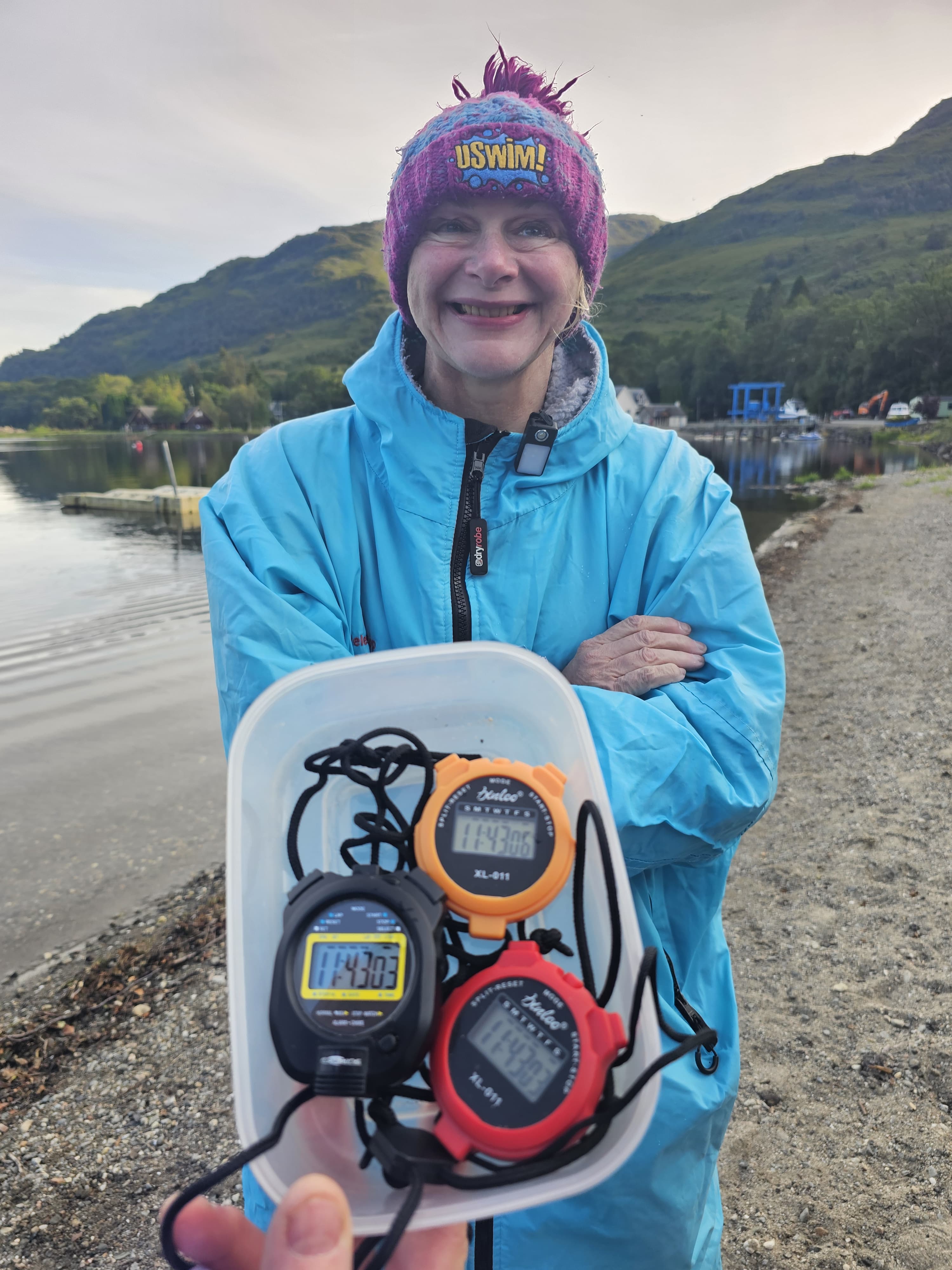 Helen Hislop after completing the Loch Lomond ultra-marathon swim wearing Maritonia HydroClear goggles