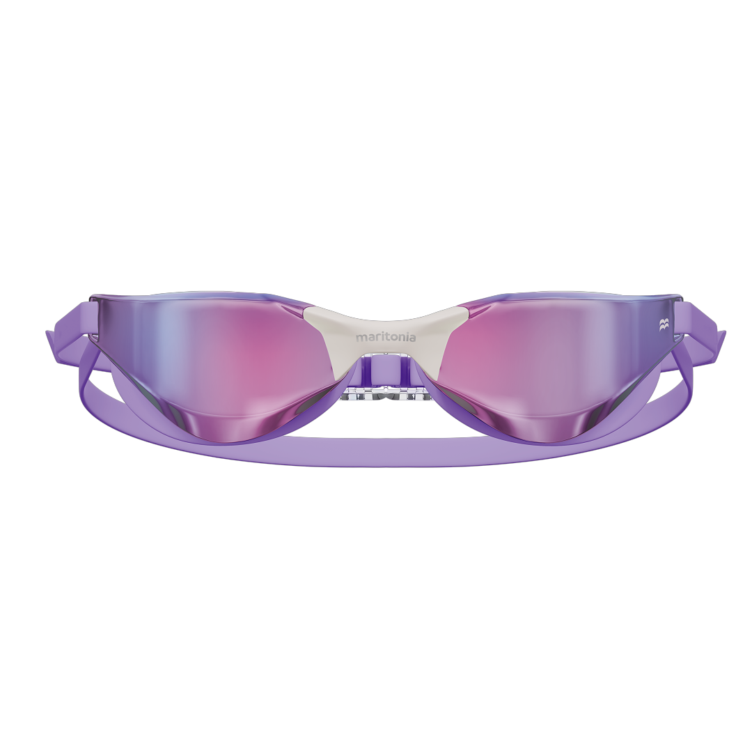 Front View of Maritonia HydroClear Tech YL100 Pro Purple Mirrored Racing Goggles