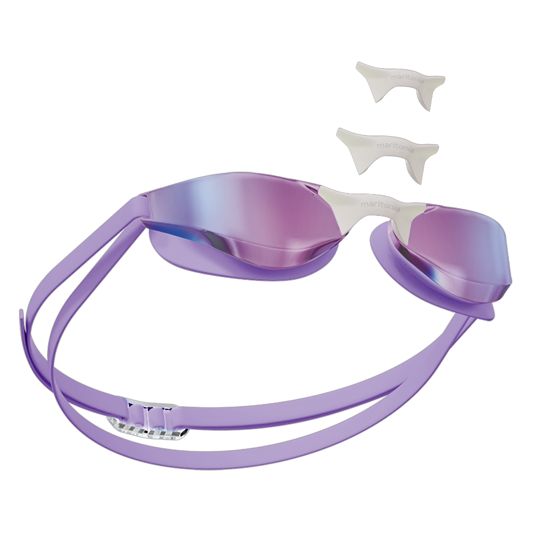 3D Render of Maritonia HydroClear Tech YL100 Pro Purple Mirrored Racing Goggles with Low-Drag Shape