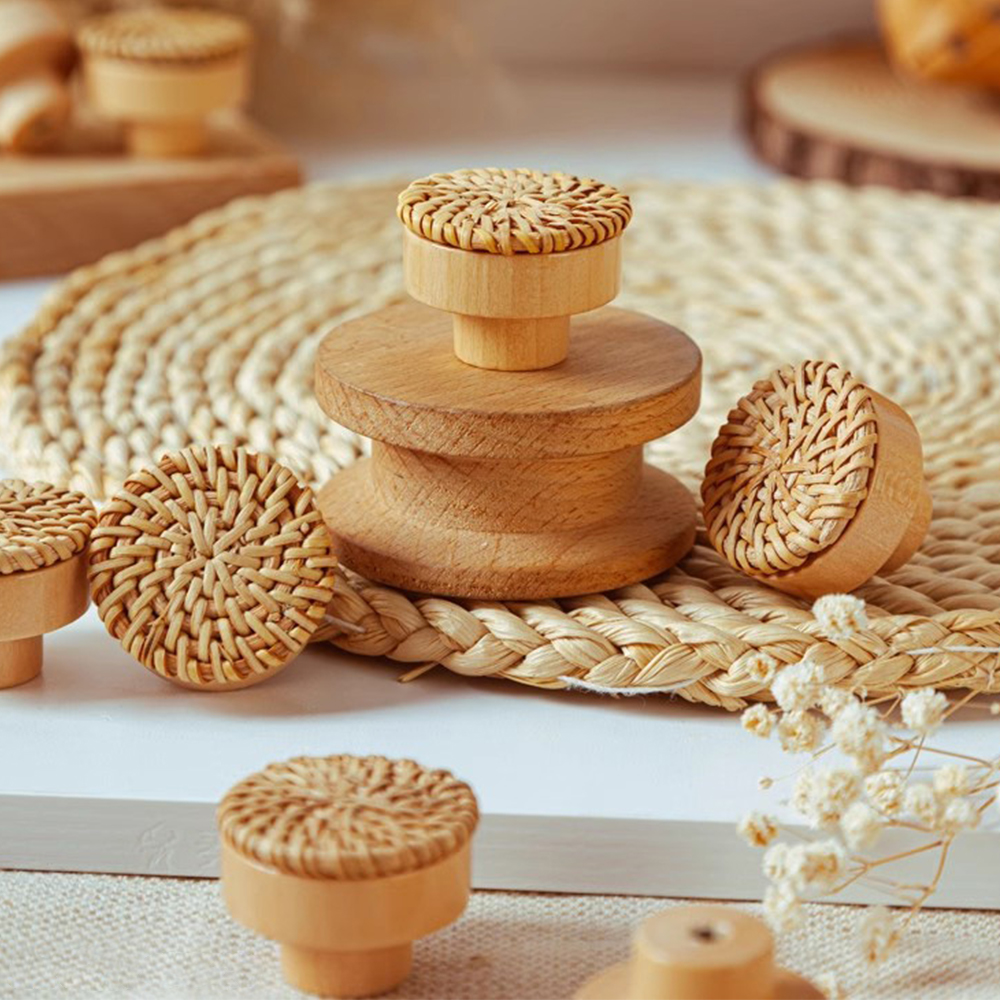 Natural Wooden Handles Rattan Drawer Knobs