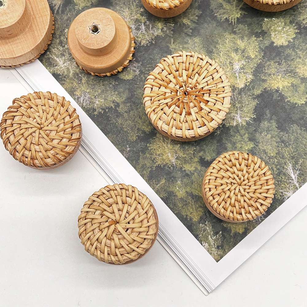 Natural Wooden Handles Rattan Drawer Knobs