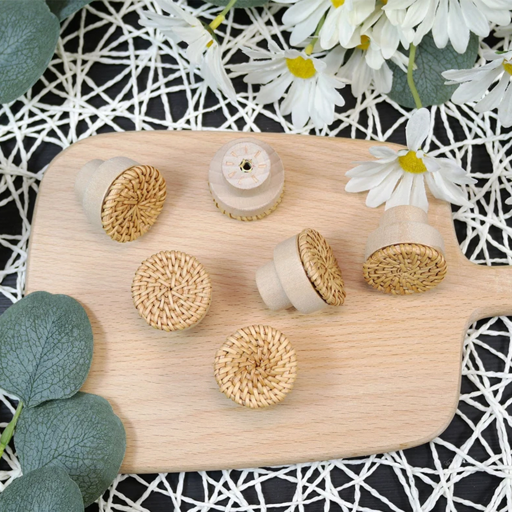 Natural Wooden Handles Rattan Drawer Knobs