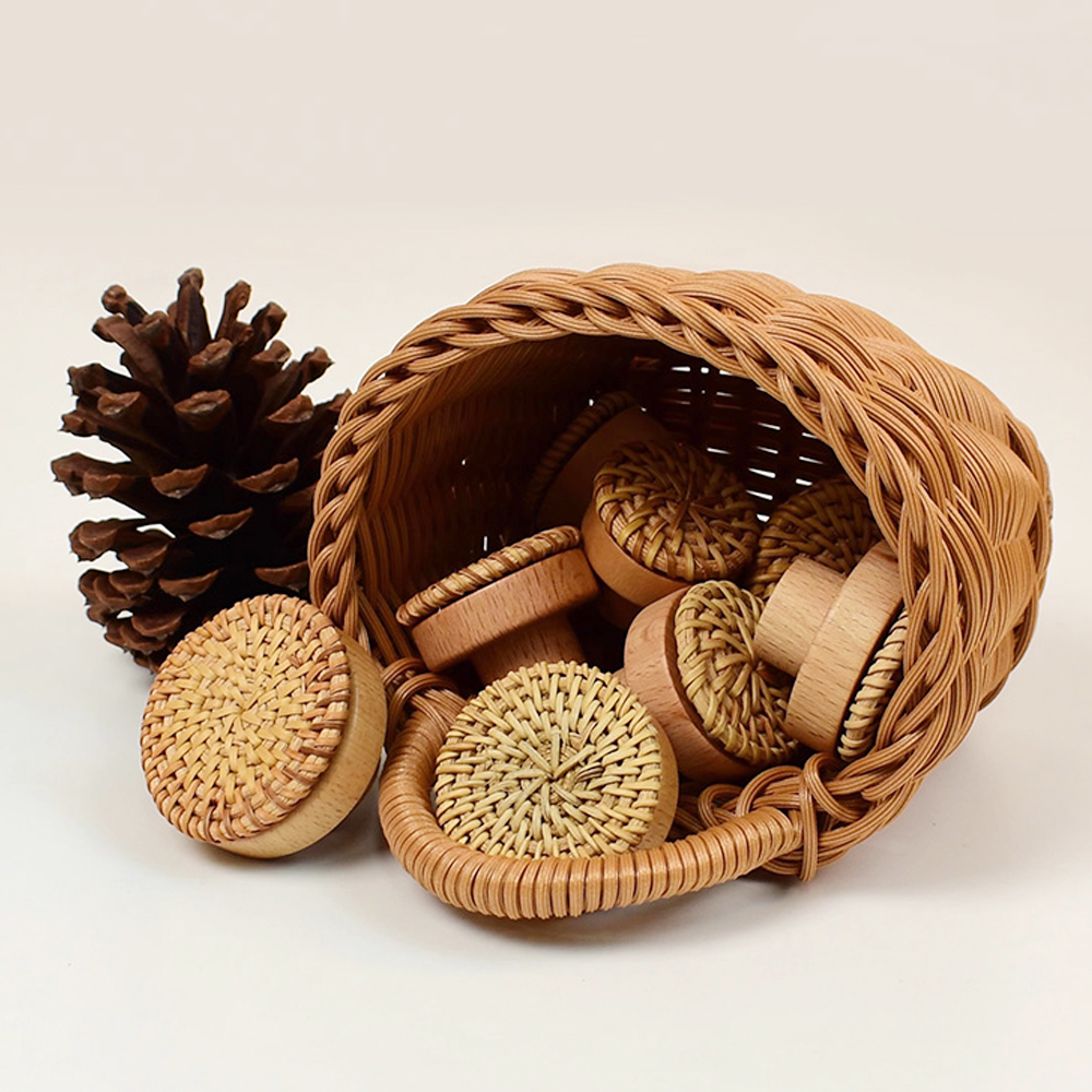 Natural Wooden Handles Rattan Drawer Knobs