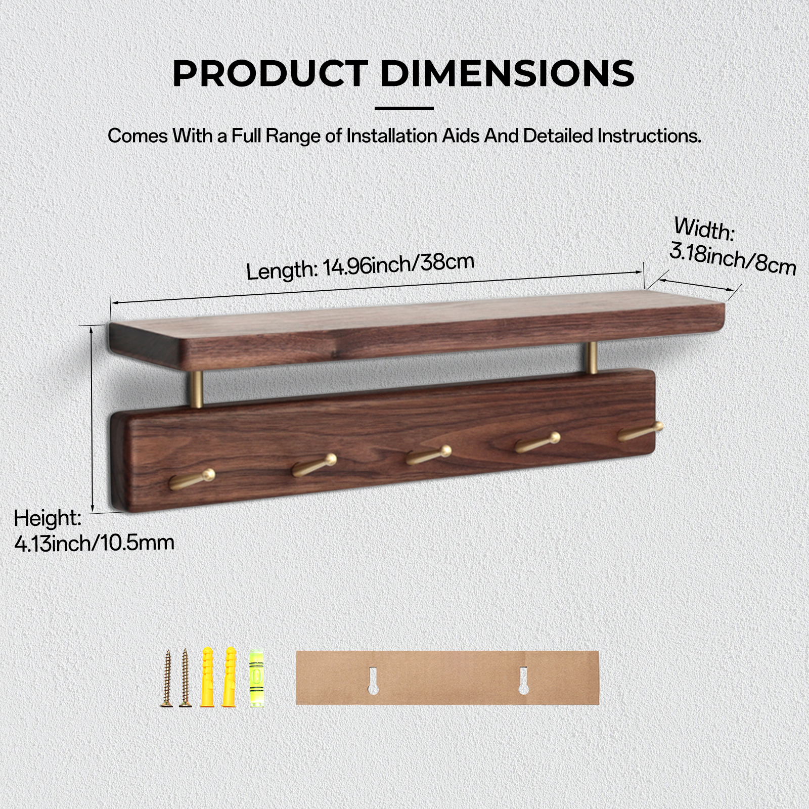 Solid Brass Wood Shelf with Hooks