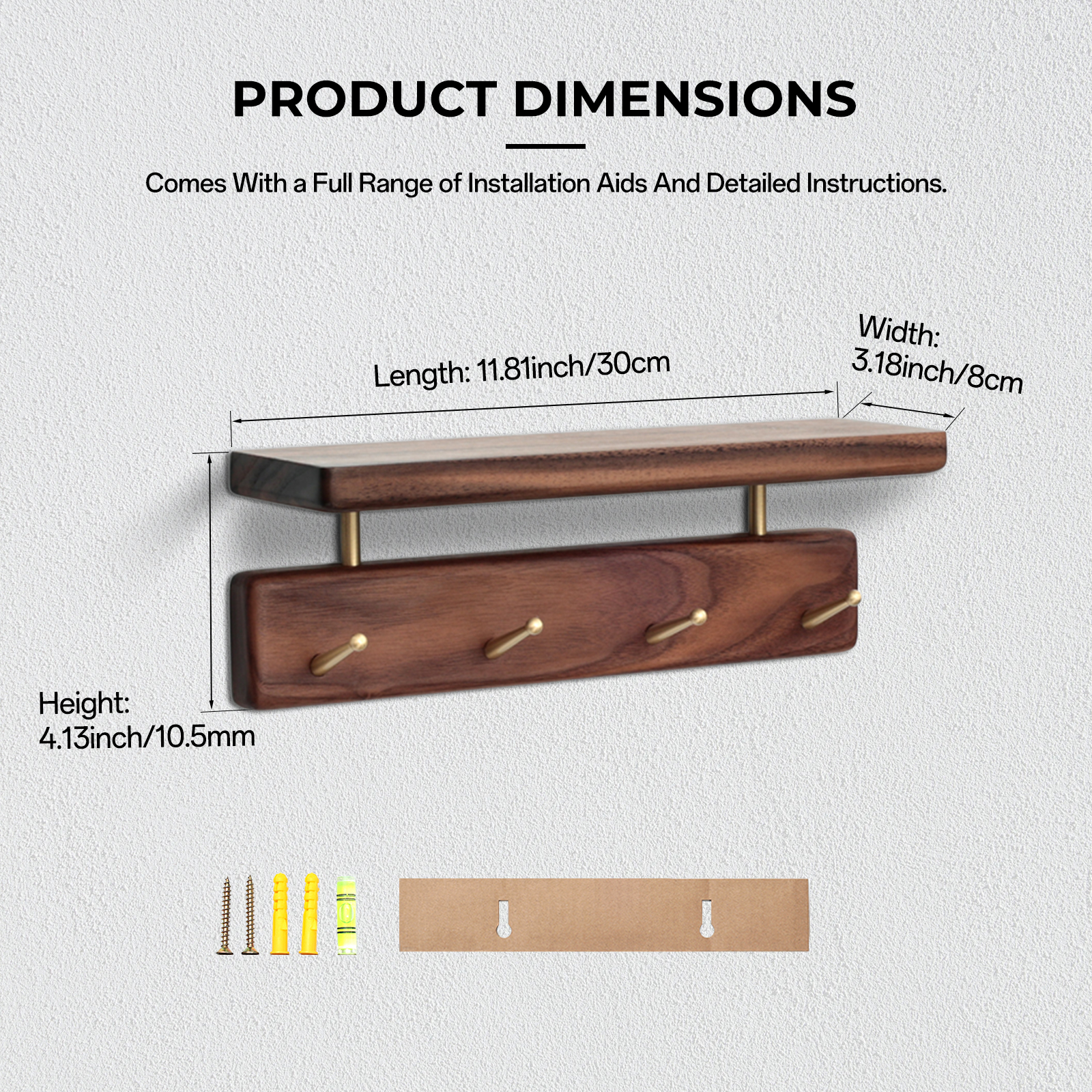 Solid Brass Wood Shelf with Hooks