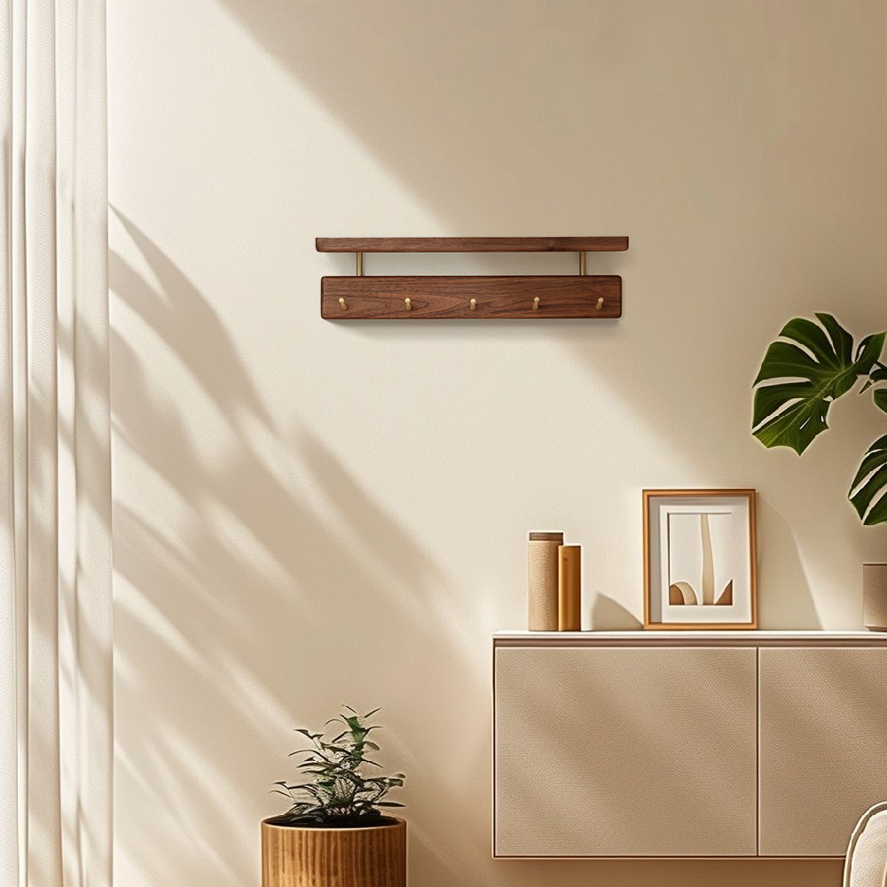 Solid Brass Wood Shelf with Hooks