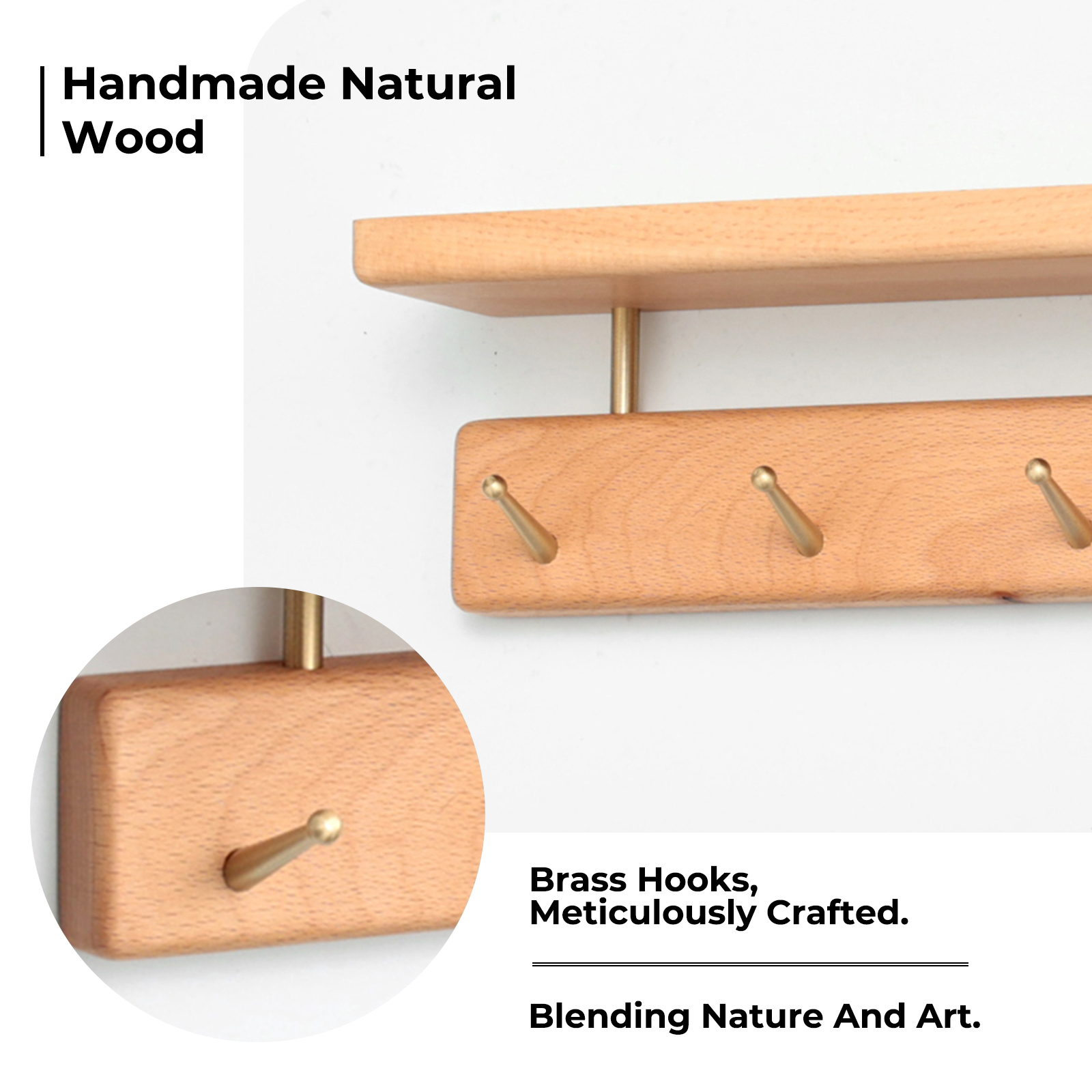 Solid Brass Wood Shelf with Hooks