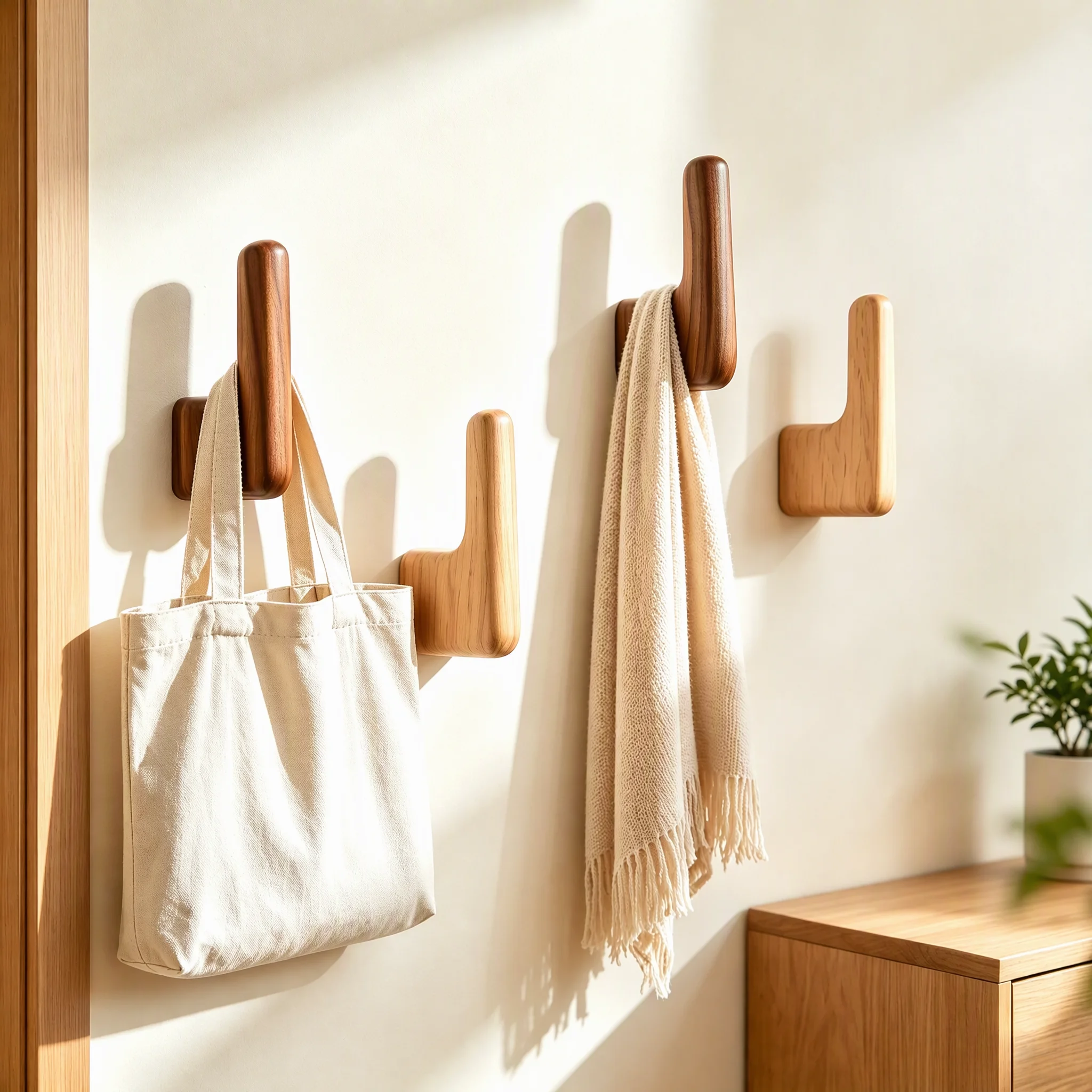 Three solid wood wall hooks on a cream wall, canvas tote and scarf hanging