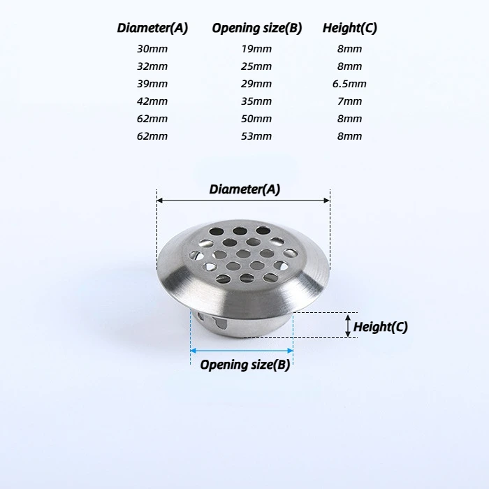 Round vent grille Silver-Incline finish with size table