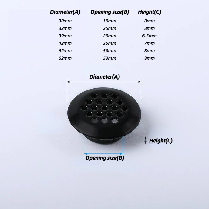 Round vent grille Black-Incline finish with size table