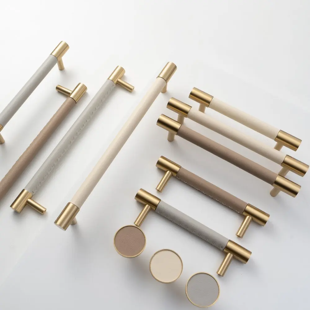 Leather and brass cabinet hardware detail 2