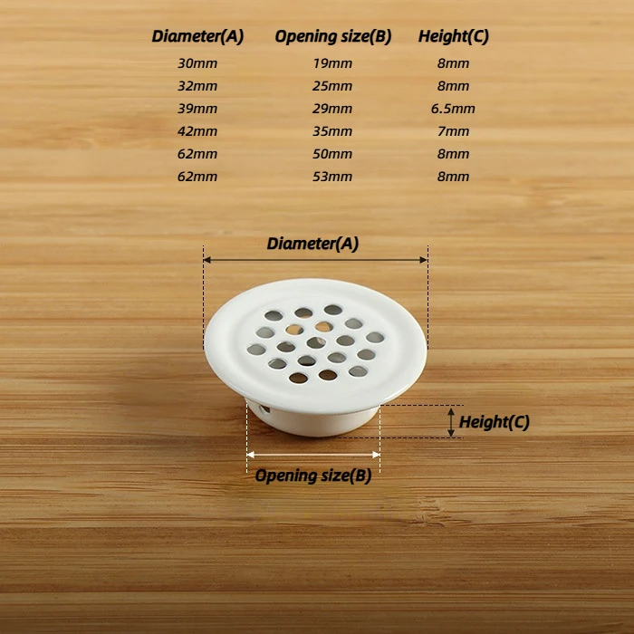 Round vent grille White-Flat finish with size table