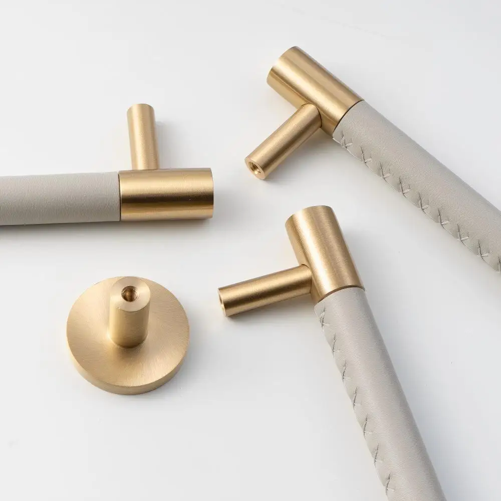 Leather and brass cabinet hardware detail 3