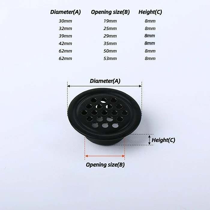 Round vent grille Black-Flat finish with size table