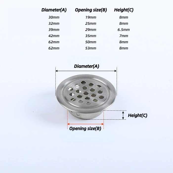 Round vent grille Silver-Flat finish with size table