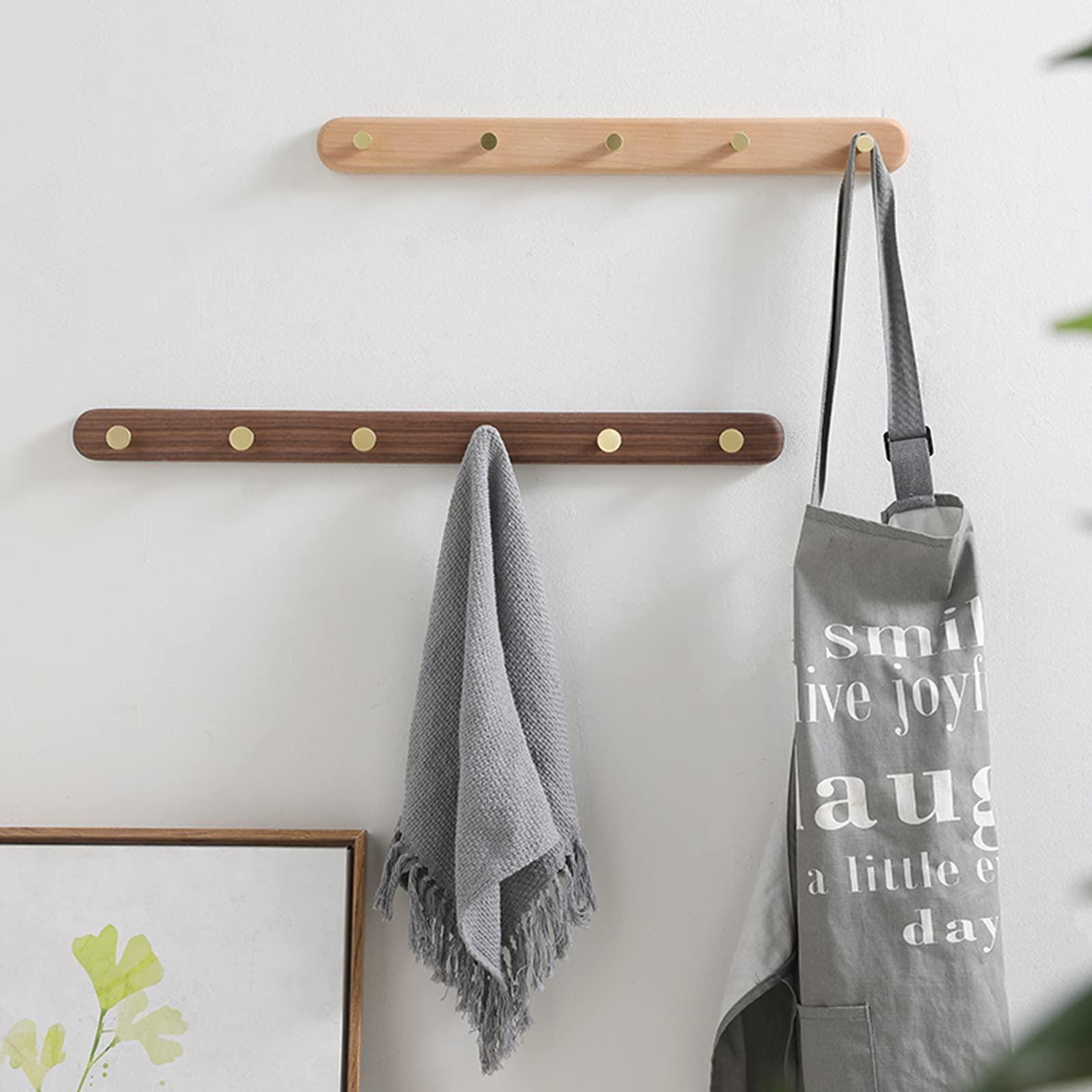 Minimalist Solid Wood Wall Hook Rack, Walnut Coat Rack with Brass Hooks