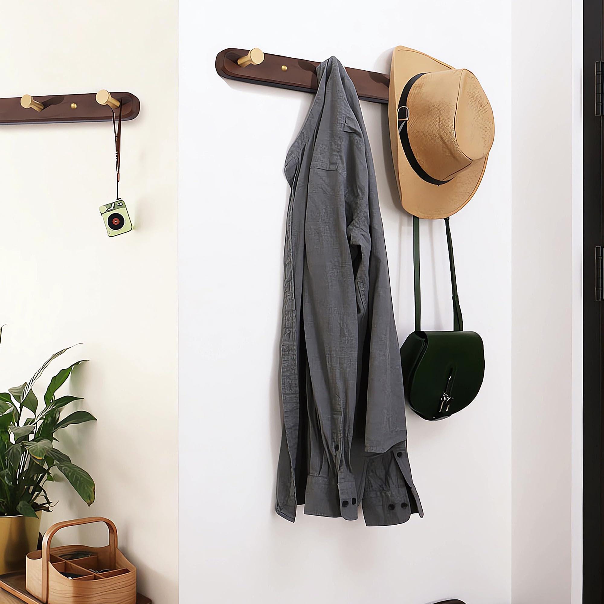 Minimalist Solid Wood Wall Hook Rack, Walnut Coat Rack with Brass Hooks