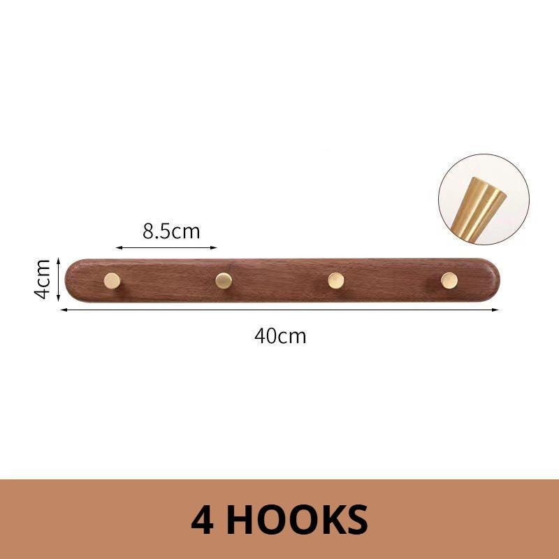 Minimalist Solid Wood Wall Hook Rack, Walnut Coat Rack with Brass Hooks