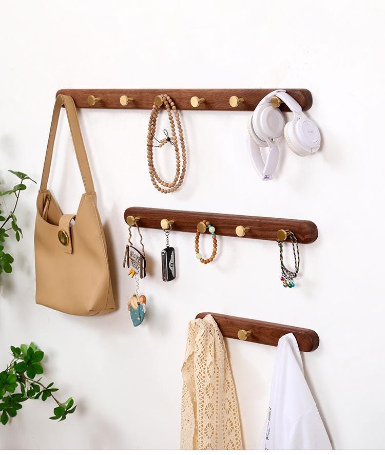 Minimalist Solid Wood Wall Hook Rack, Walnut Coat Rack with Brass Hooks