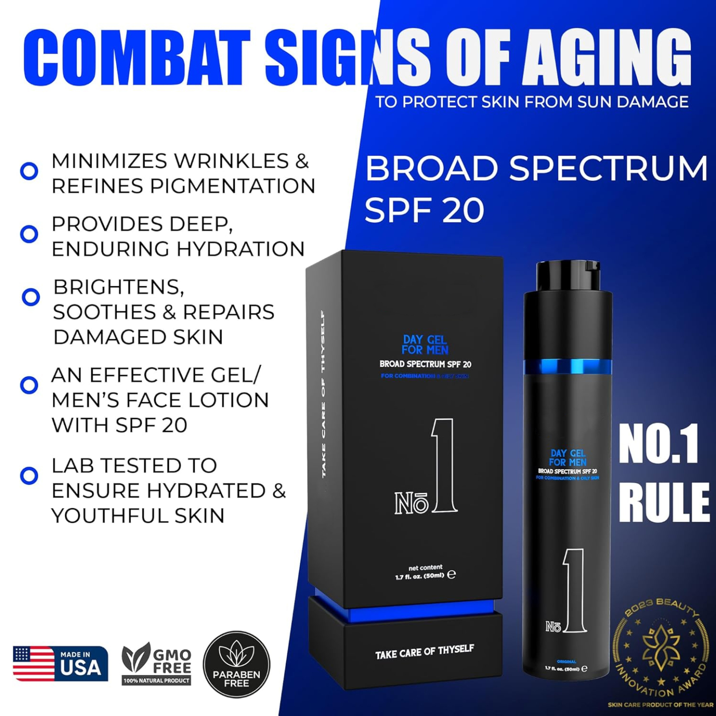 No.1 Day Gel Moisturizer for Face, SPF 20, Sunscreen & Moisturizer for Men