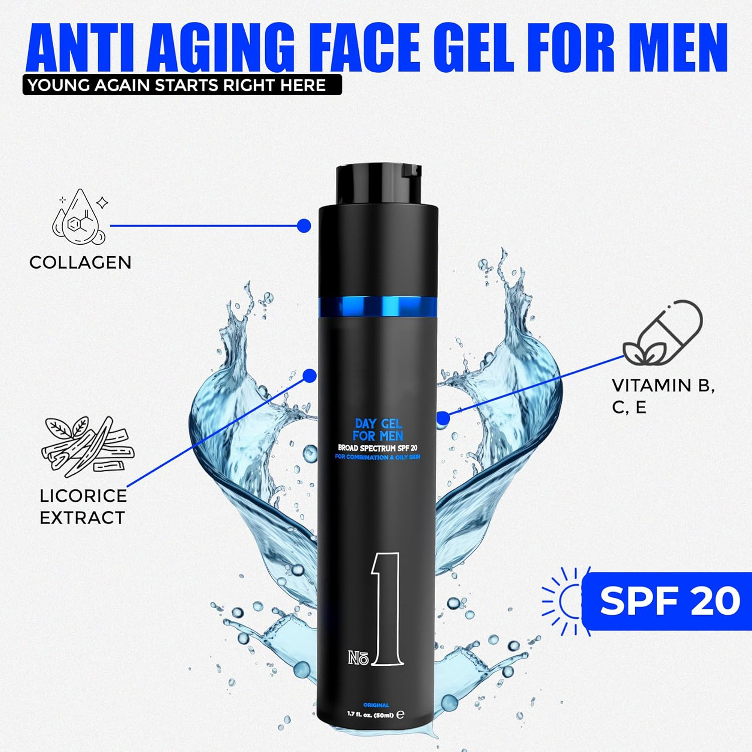 No.1 Day Gel Moisturizer for Face, SPF 20, Sunscreen & Moisturizer for Men