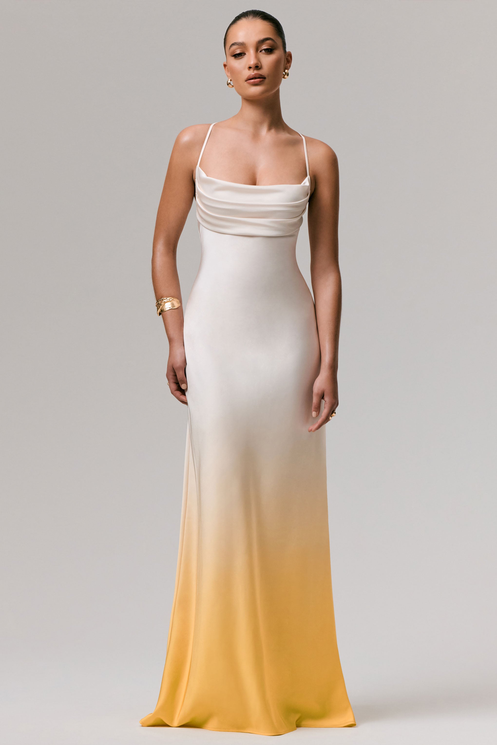 Yellow Ombre Satin Cowl-Neck Maxi Dress